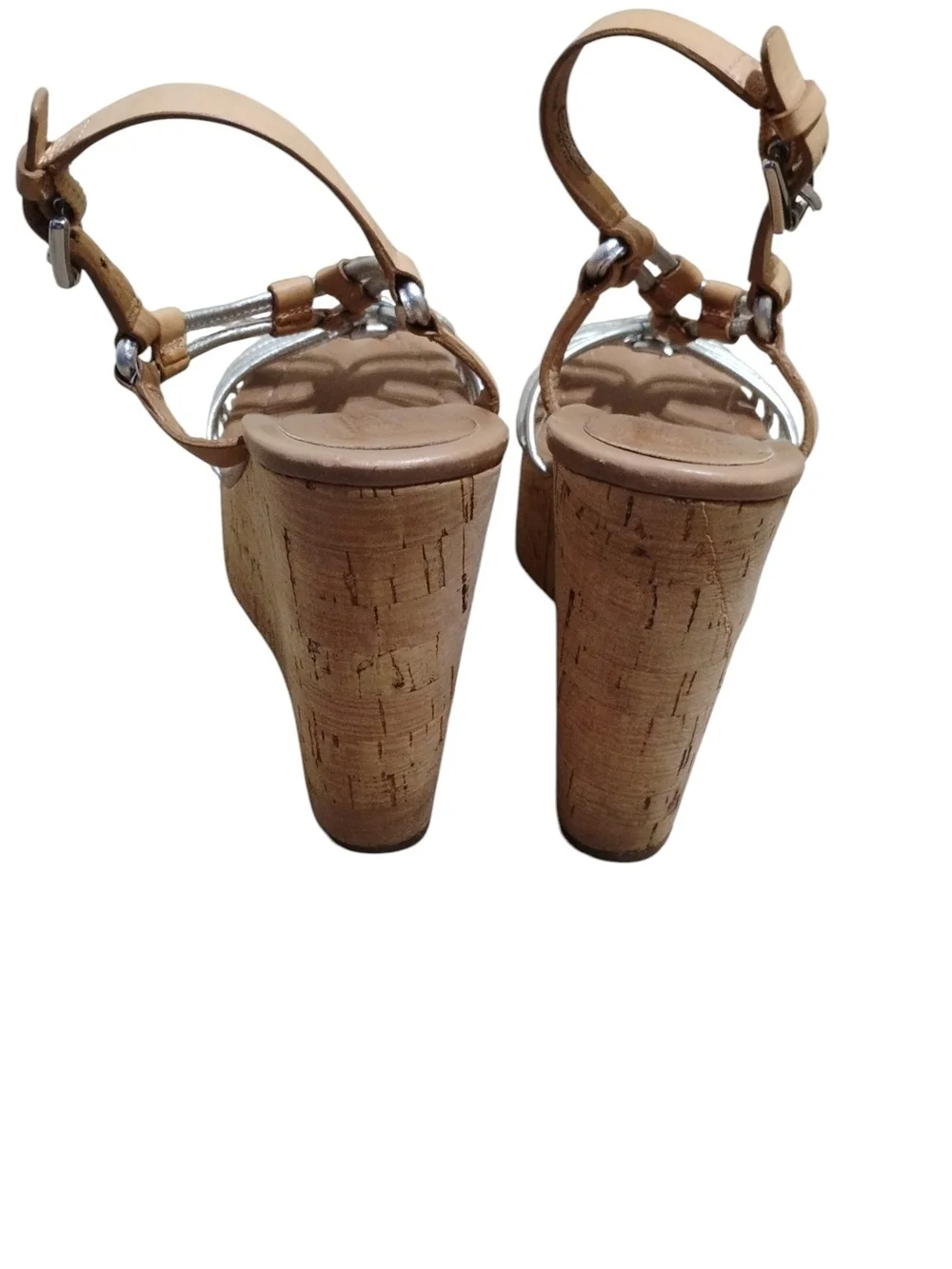 Coach Georgina Wedge Sandals with Cork Platform - Silver & Tan Size 6.5